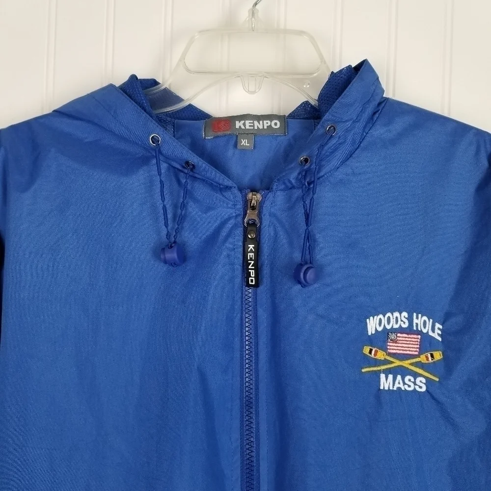 Woods Hole Mass Windbreaker Jacket Full Zip Kenpo Mens Size XL Blue Hood Stripe